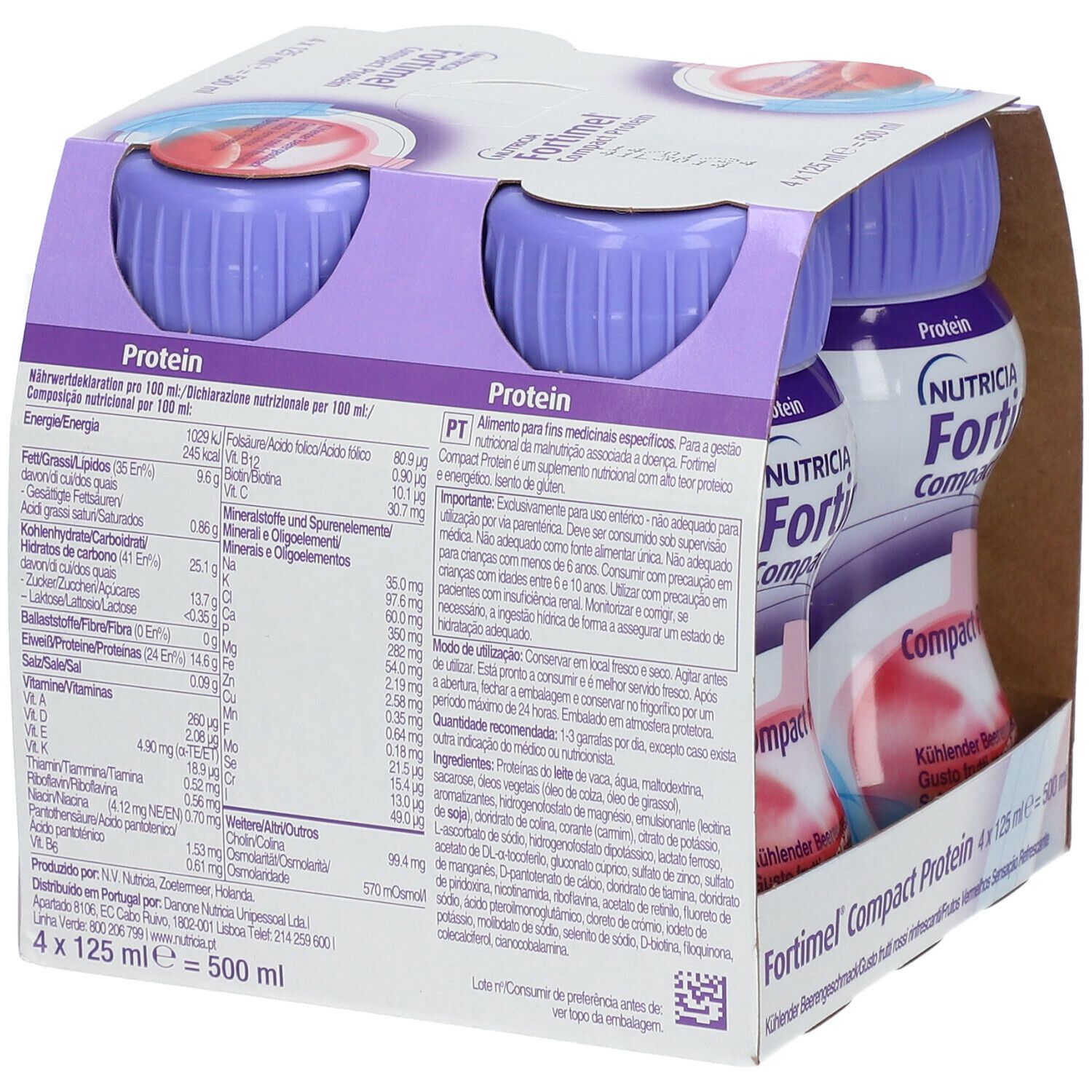 Packung mit vier Flaschen. Rückseite mit Nährwertangaben und Inhaltsstoffen. Aufschrift: Fortimel Compact Protein. 4 x 125 ml.