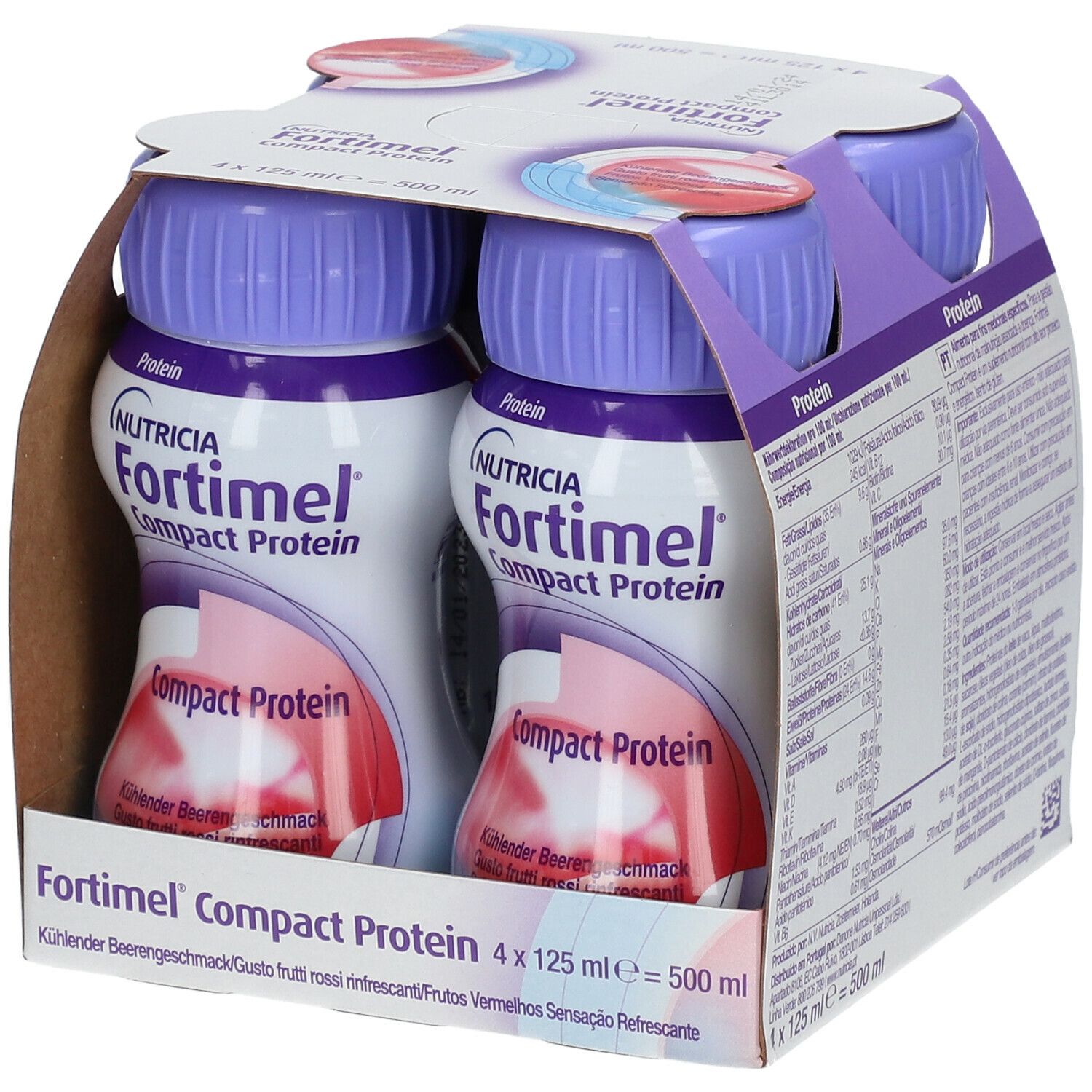 Packung mit vier Flaschen. Aufschrift: Fortimel Compact Protein. Lila Deckel, weiße Flaschen mit rotem Design. 4 x 125 ml.