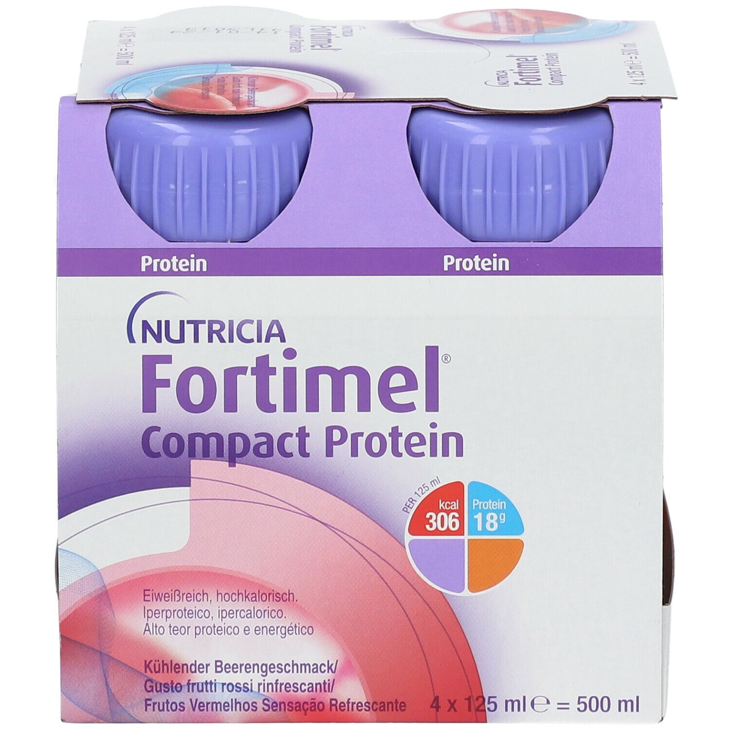 Packung mit vier Flaschen. Aufschrift: Fortimel Compact Protein. Lila Deckel, weiße Flaschen mit rotem Design. 4 x 125 ml.