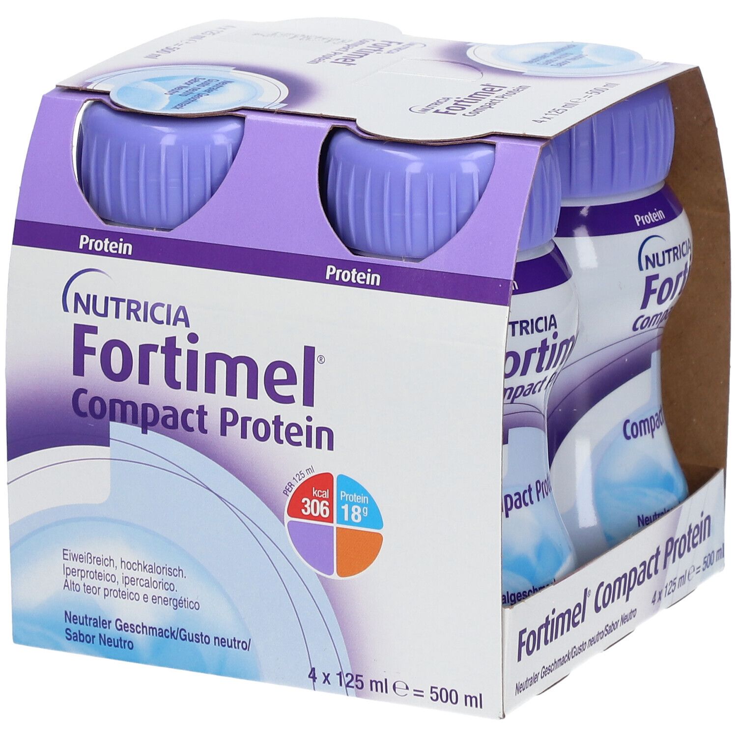 Packung mit vier Flaschen Fortimel Compact Protein. Lila Deckel, weiße Flaschen mit Aufdruck. Kartonverpackung.