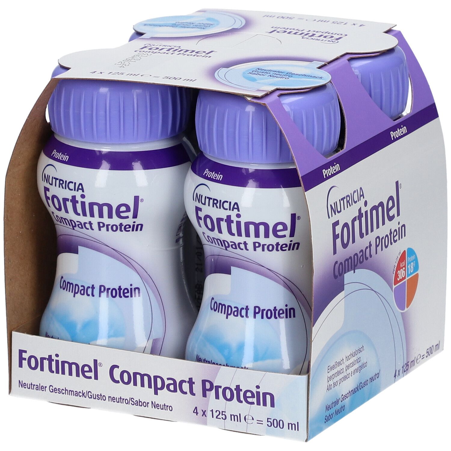 Packung mit vier Flaschen Fortimel Compact Protein. Lila Deckel, weiße Flaschen mit Aufdruck. Kartonverpackung.