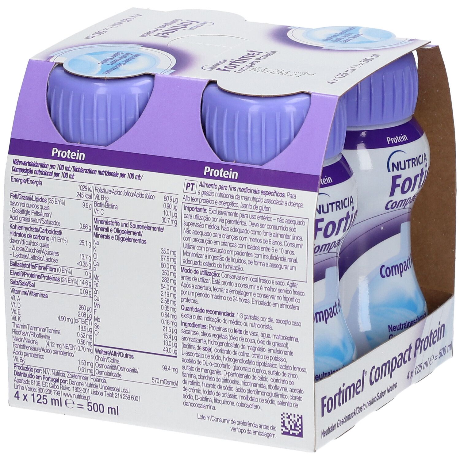 Packung mit vier Flaschen Fortimel Compact Protein. Rückseite mit Nährwertangaben und Inhaltsstoffen. Kartonverpackung.