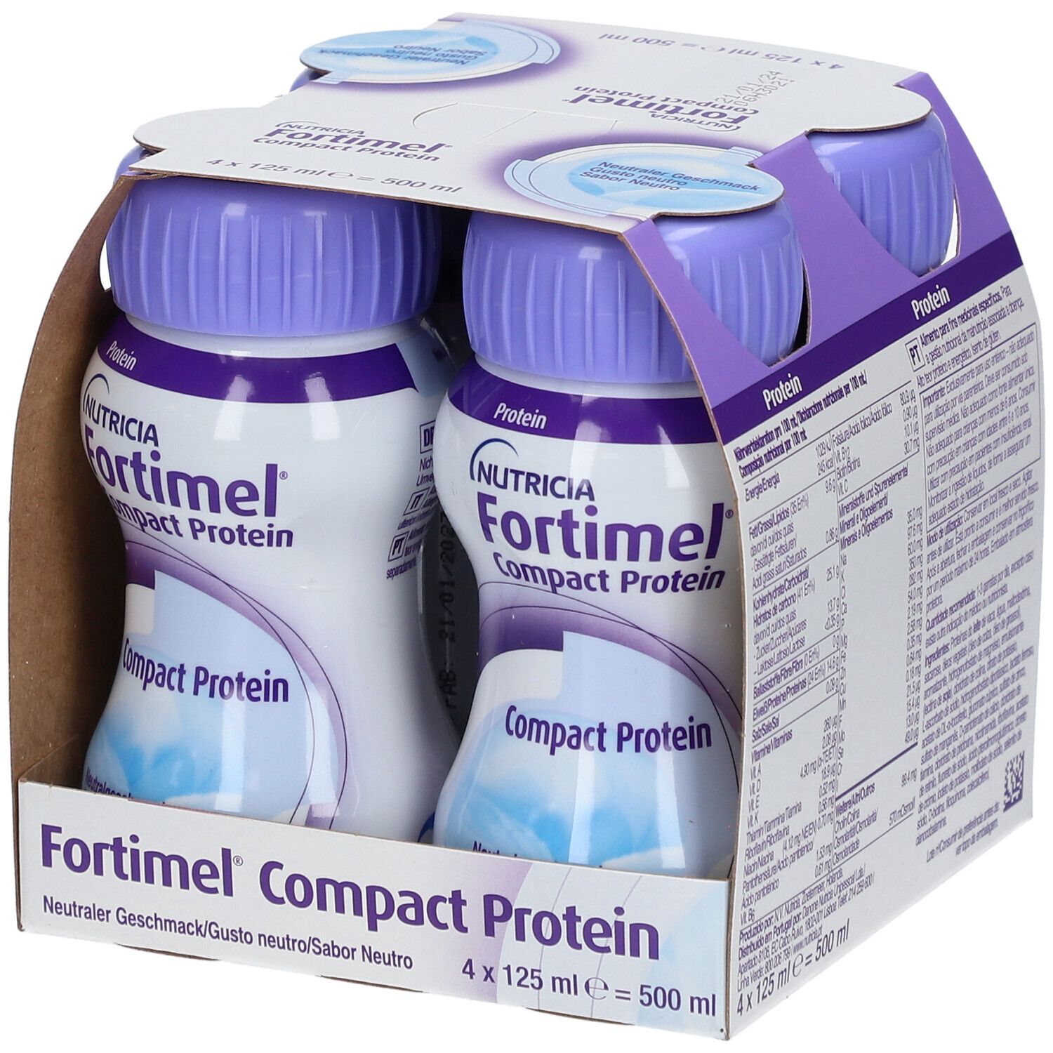 Packung mit vier Flaschen Fortimel Compact Protein. Lila Deckel, weiße Flaschen mit Aufdruck. Kartonverpackung.