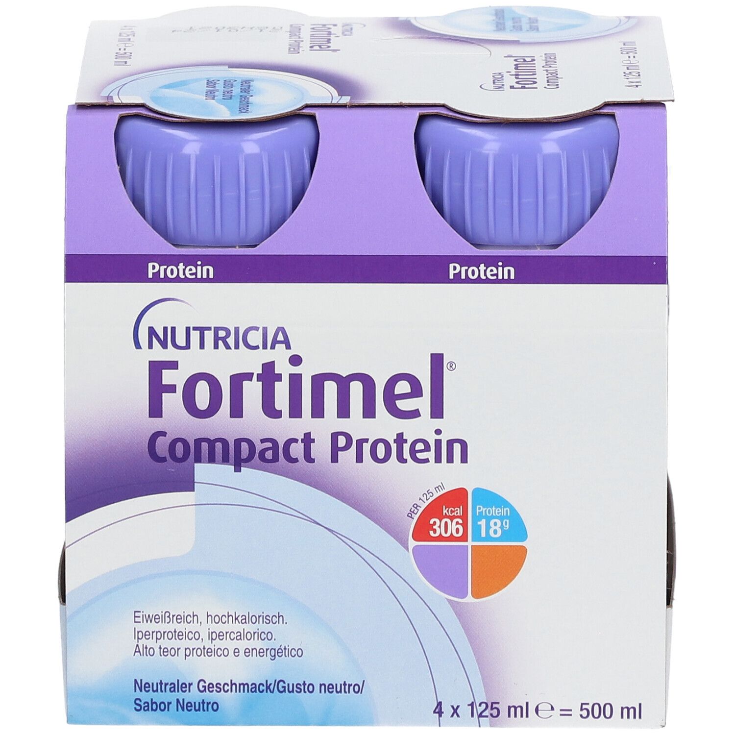Packung mit vier Flaschen Fortimel Compact Protein. Lila Deckel, weiße Flaschen mit Aufdruck. Kartonverpackung.