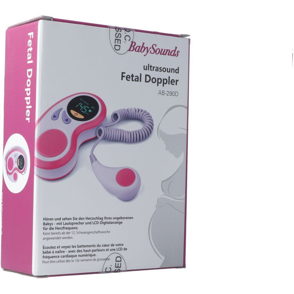 Verpackung des BabySounds Fetal Doppler. Rosa-weiße Box mit Produktbild und Text. Zeigt das Gerät und Zubehör.