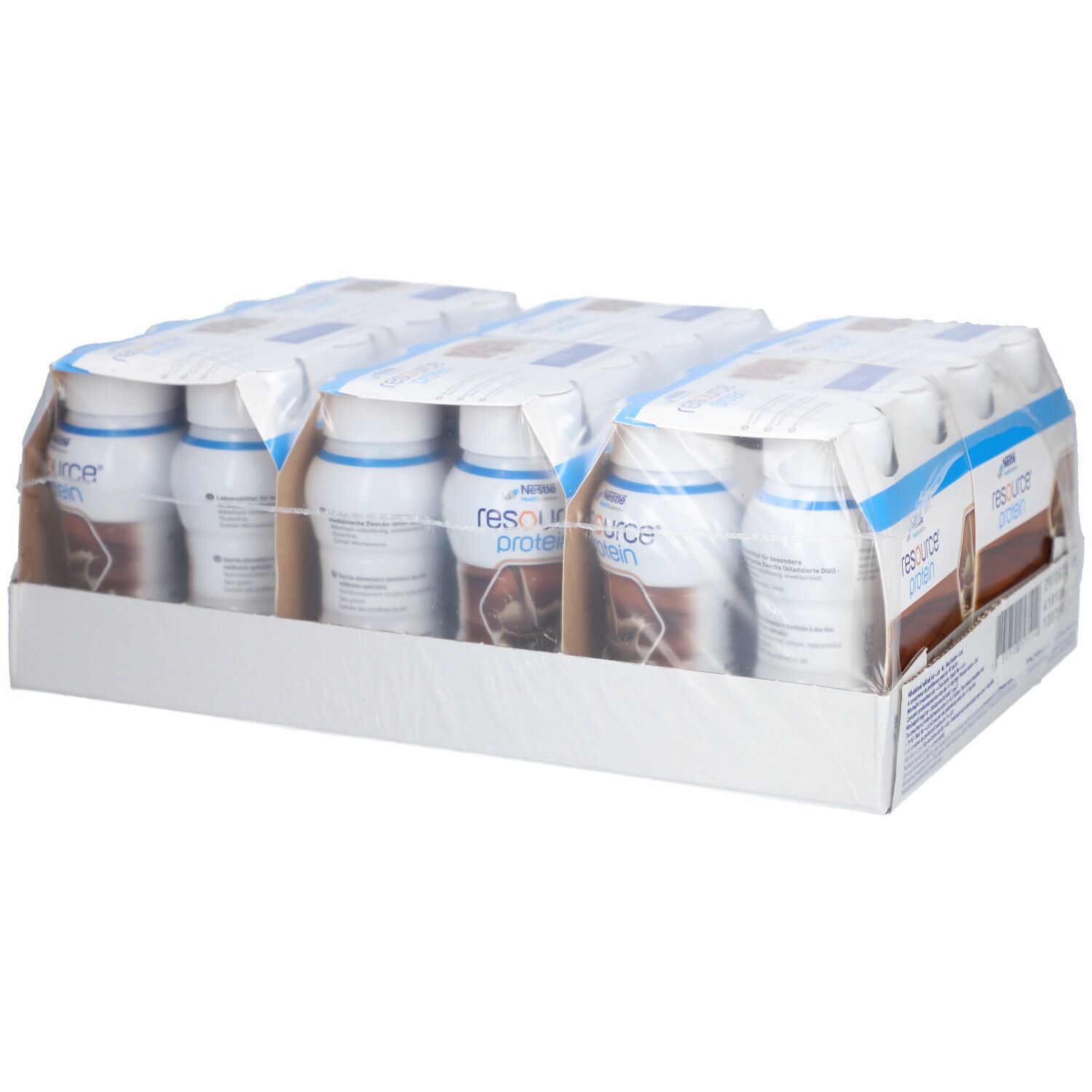 Verpackung mit Protein-Drinks. Sichtbar: "resource protein". Einzelne Flaschen in Folie verpackt. Weiße Flaschen mit blauen Deckeln.