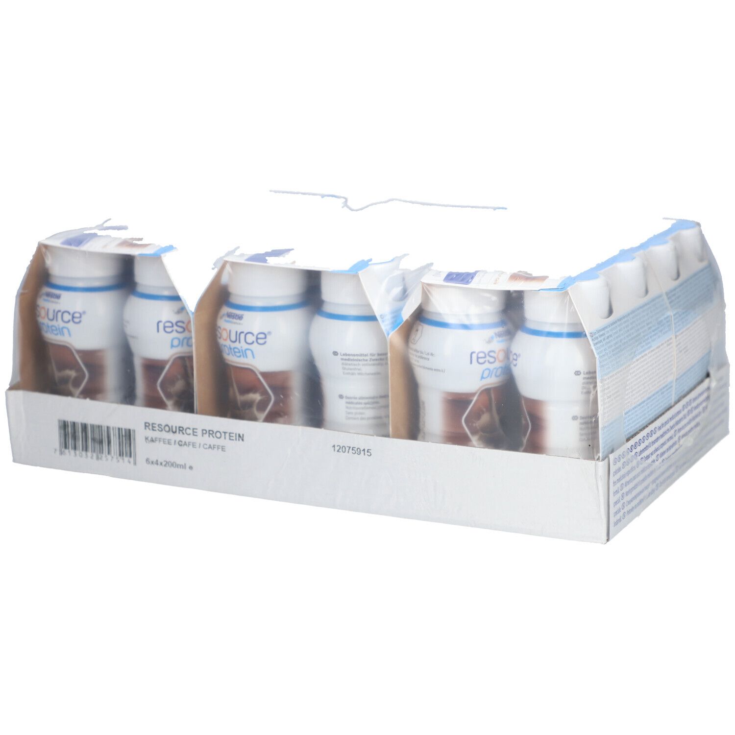 Verpackung mit Protein-Drinks. Sichtbar: "resource protein". Einzelne Flaschen in Folie verpackt. Weiße Flaschen mit blauen Deckeln.