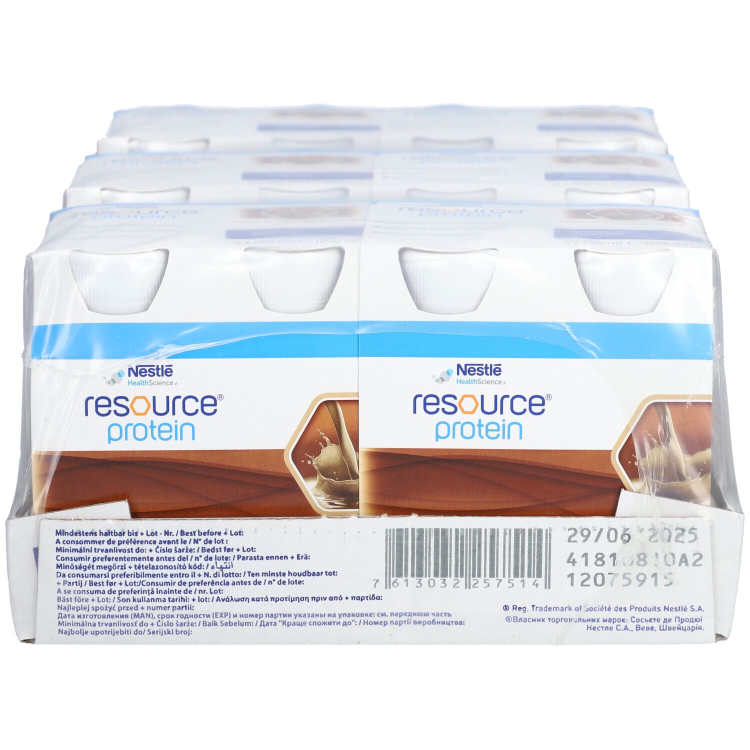 Verpackung mit Protein-Drinks. Sichtbar: "resource protein" und "Kaffee". Einzelne Flaschen in Folie verpackt. Haltbarkeitsdatum.