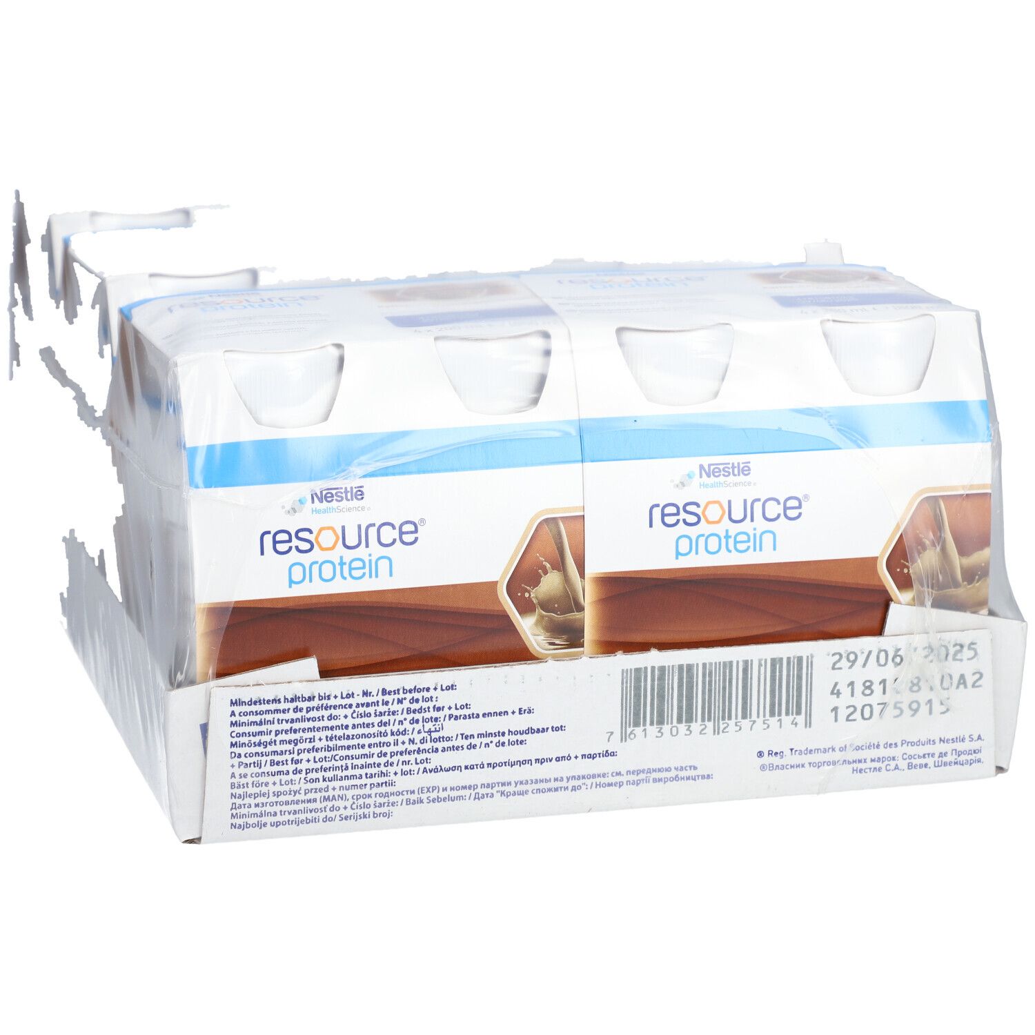 Verpackung mit Protein-Drinks. Sichtbar: "resource protein" und "Kaffee". Einzelne Flaschen in Folie verpackt. Haltbarkeitsdatum.