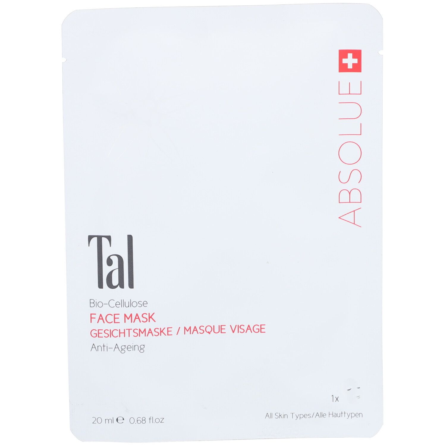 Witte verpakking met rode tekst. Bevat een gezichtsmasker. Tekst: Tal, Face Mask, Anti-Ageing. Merk: Absolue.