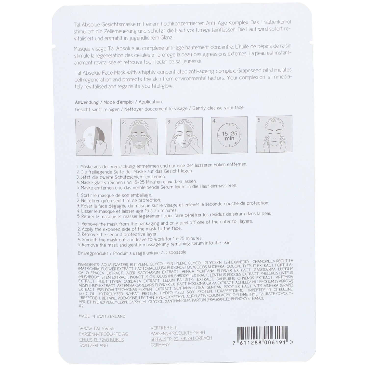 Achterkant van de gezichtsmaskerverpakking. Tekst en illustraties voor gebruik. Ingrediënten en fabrikantinfo.