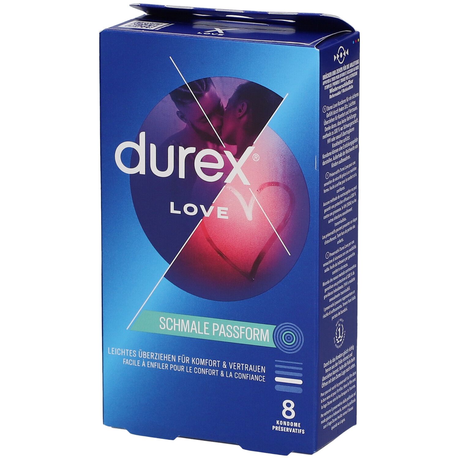 Blau-weiße Schachtel mit Durex Love. Aufdruck: 8 Kondome, schmale Passform. Abbildung eines Paares.