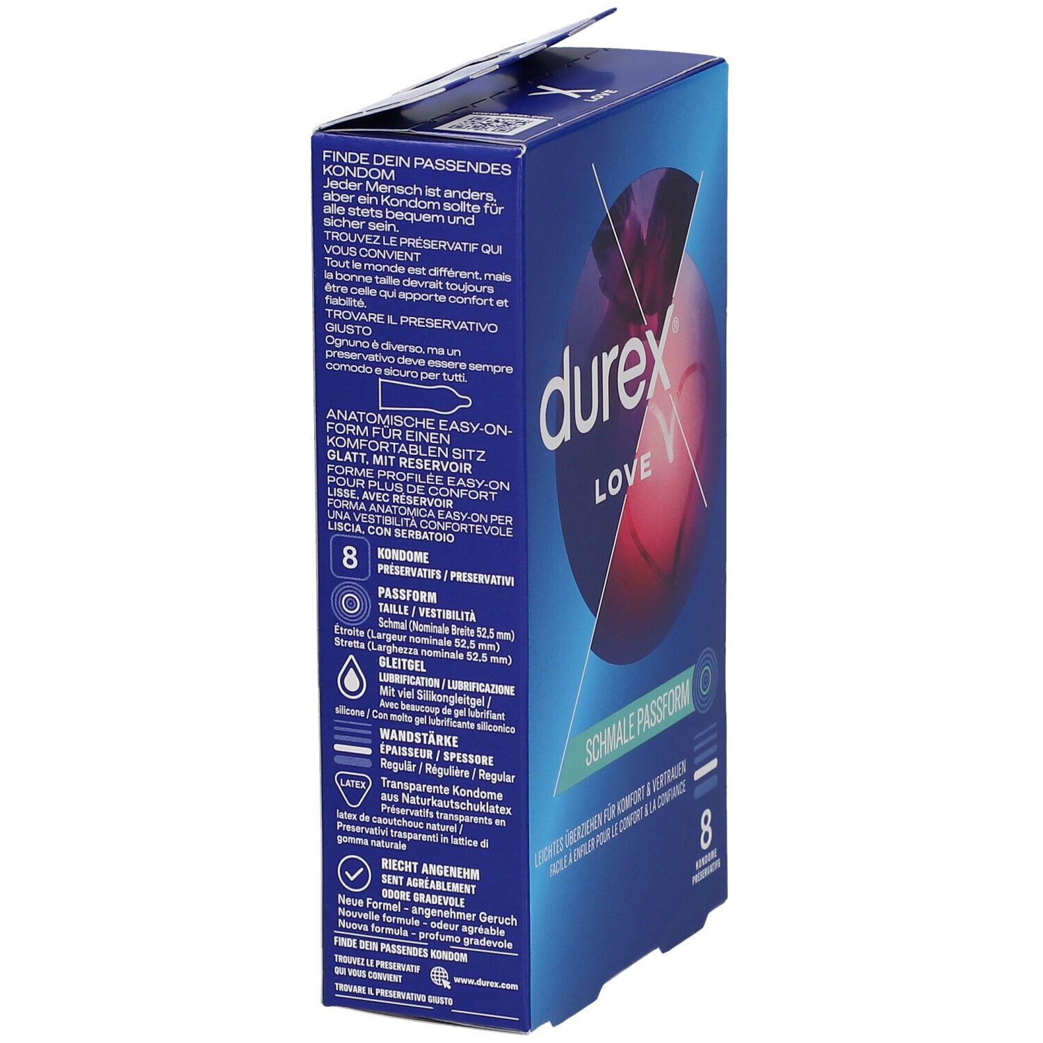 Blaue Schachtel Durex Love, schmale Passform. Aufdruck: 8 Kondome. Anatomische Easy-On Form. Seitenansicht.