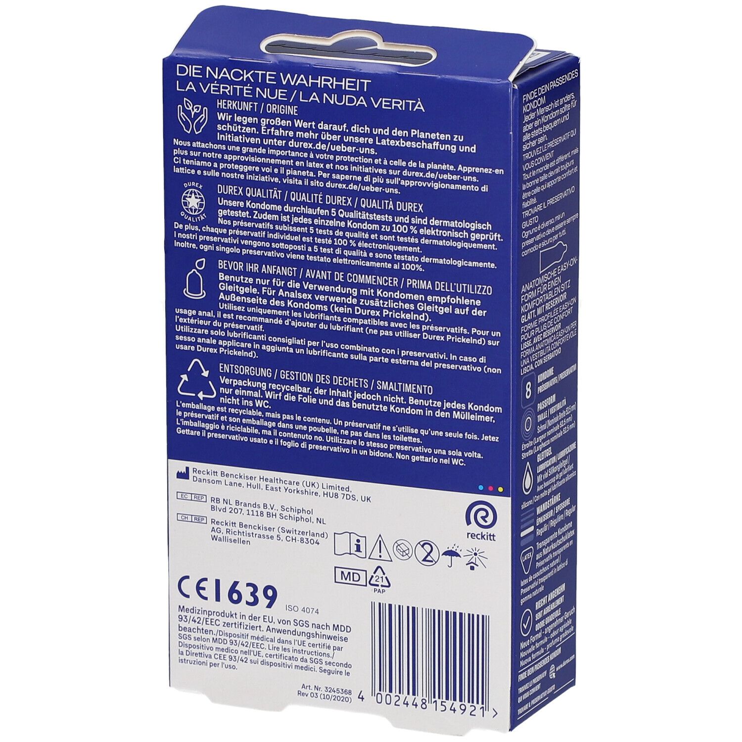 Rückseite der blauen Durex Love Schachtel. Text: Durex Qualität, CE-Kennzeichnung, Informationen zur Entsorgung.