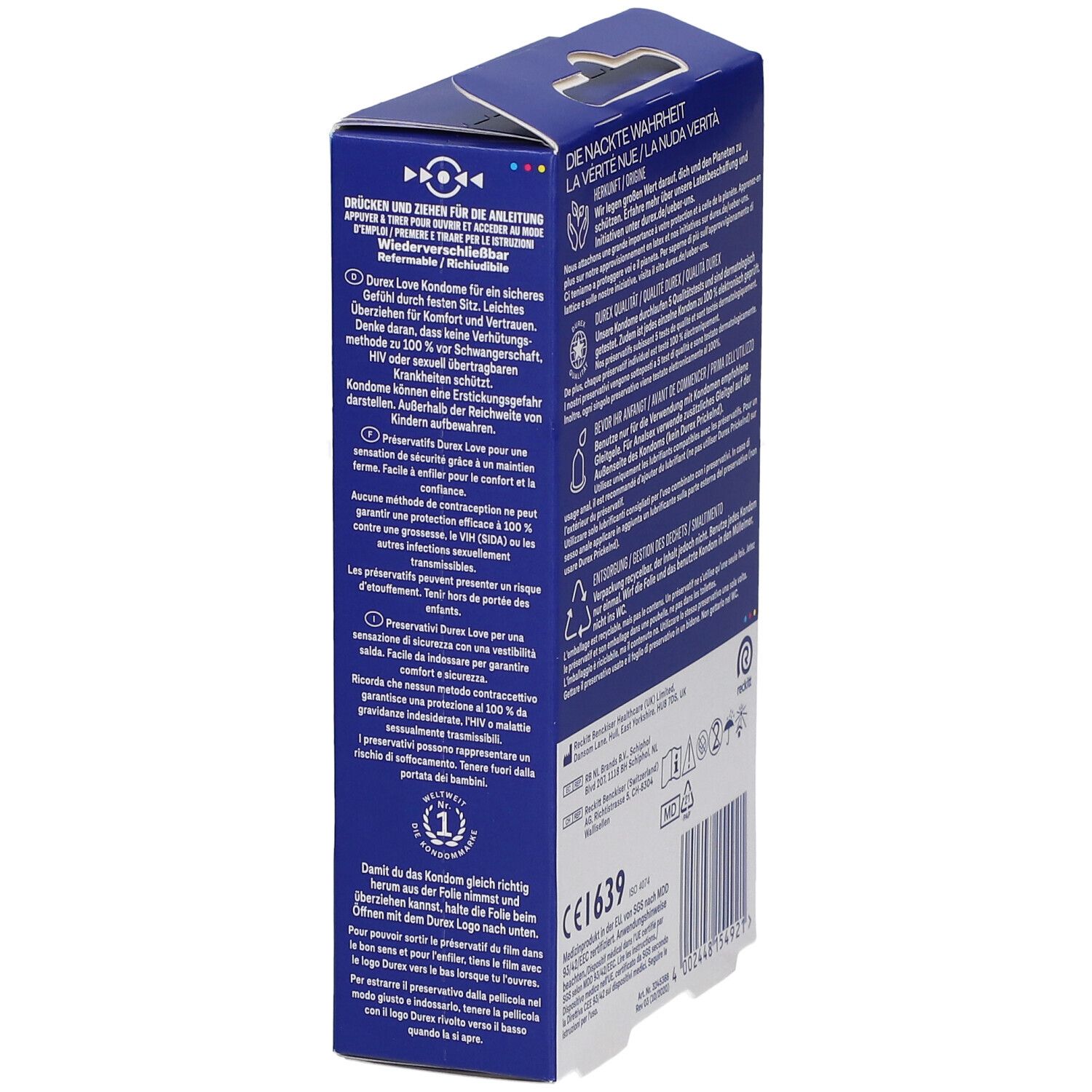 Blaue Durex Love Schachtel. Text: Gebrauchsanweisung, CE-Kennzeichnung. Ansicht von der Seite.