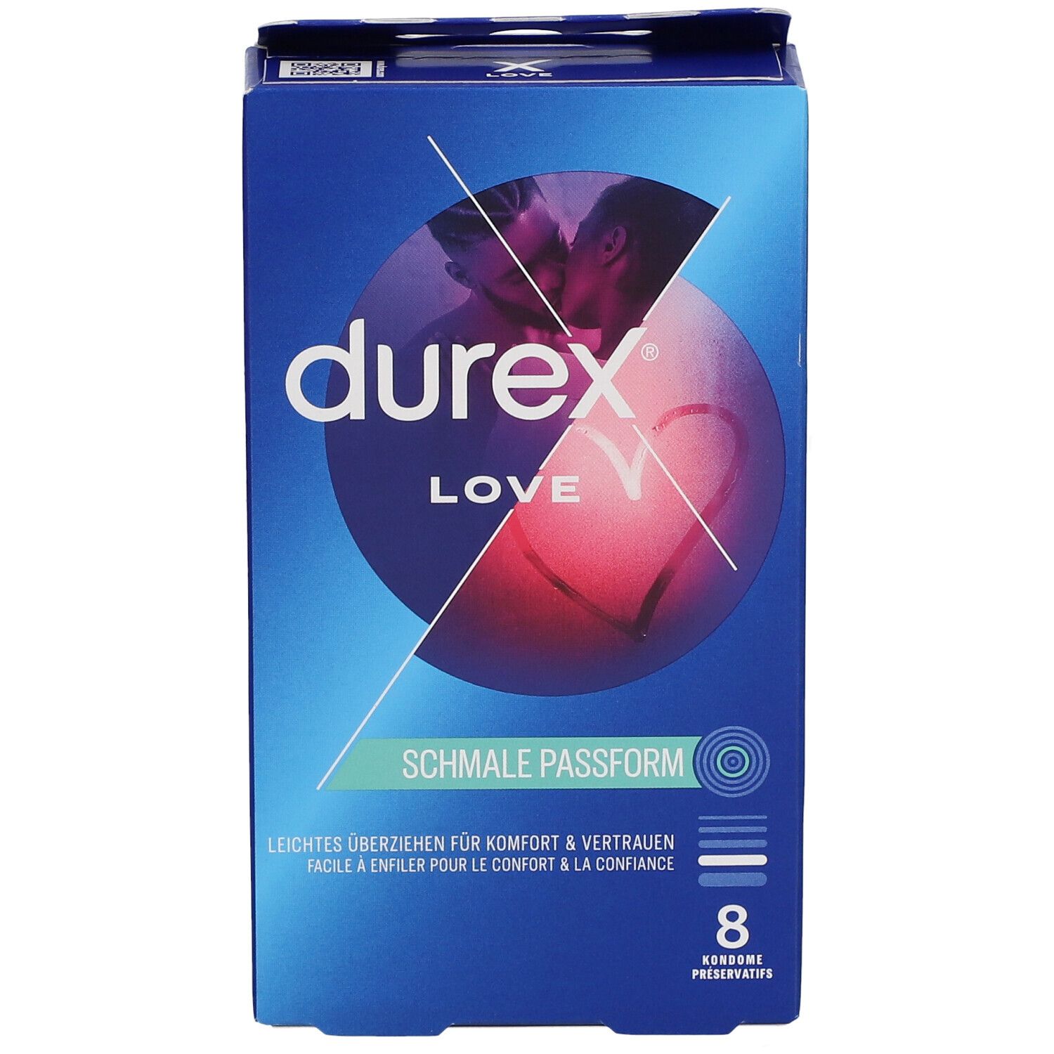 Blaue Schachtel Durex Love. Aufdruck: 8 Kondome, schmale Passform. Abbildung eines Paares.
