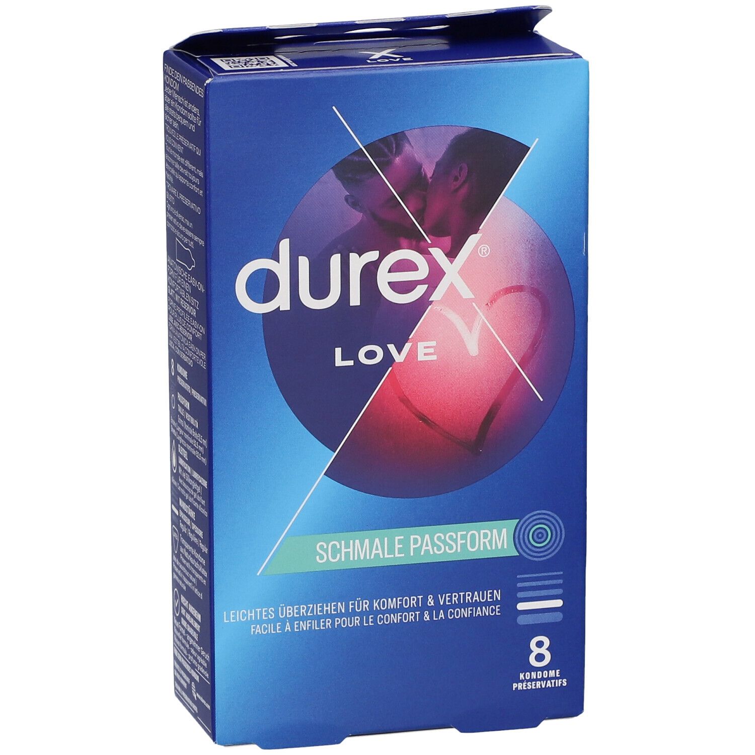 Blaue Schachtel Durex Love. Aufdruck: 8 Kondome, schmale Passform. Abbildung eines Paares.