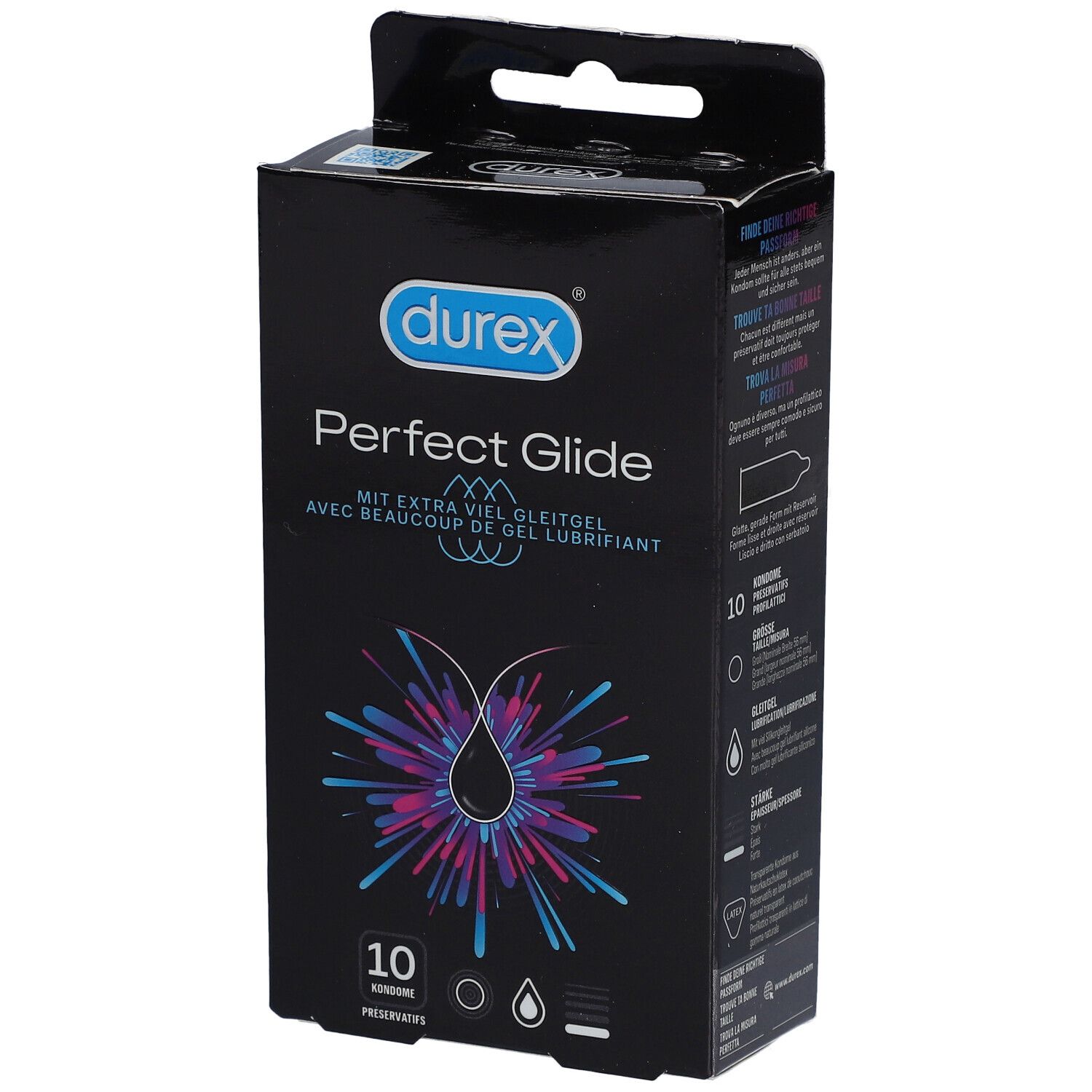 Boîte noire Durex Perfect Glide. Logo et nom du produit visibles. Contient 10 préservatifs.