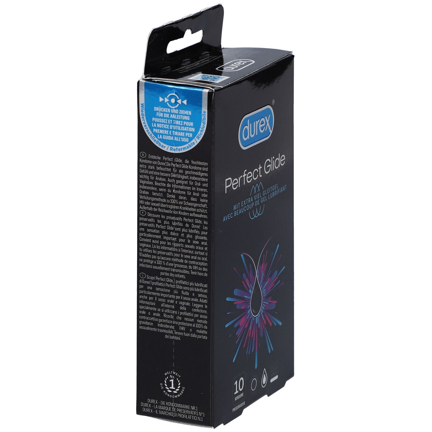 Boîte Durex Perfect Glide. Texte et logos au dos. Contient 10 préservatifs. Emballage noir.