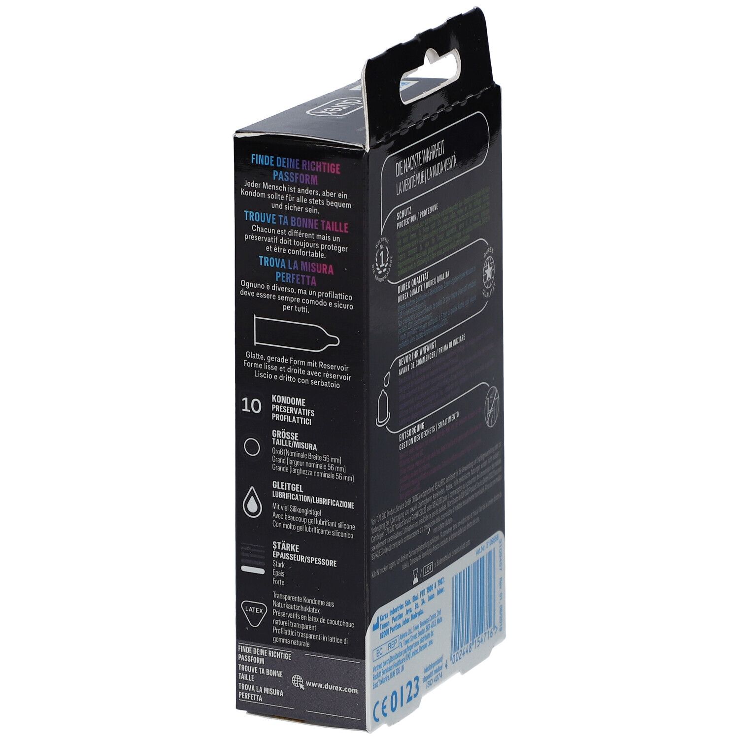 Boîte Durex Perfect Glide. Vue latérale avec texte et logos. Emballage noir. 10 préservatifs.