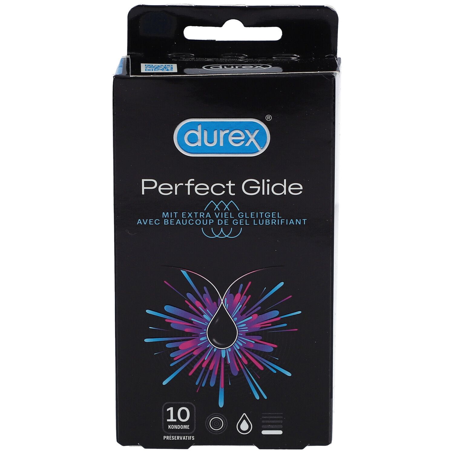 Boîte noire Durex Perfect Glide. Logo et nom du produit visibles. Contient 10 préservatifs.