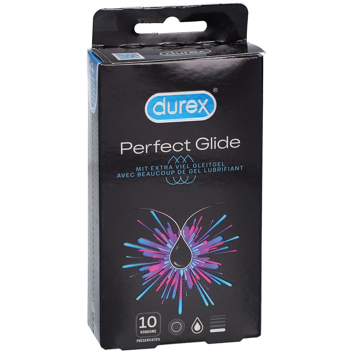 Boîte noire Durex Perfect Glide. Logo et nom du produit visibles. Contient 10 préservatifs.