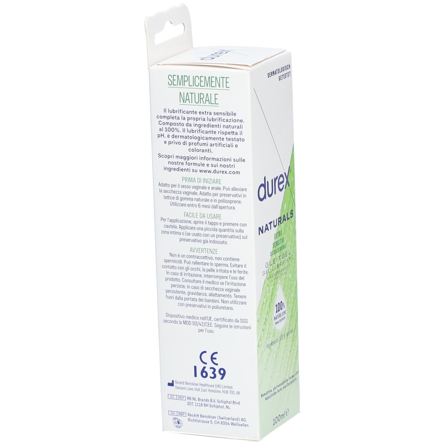 Dos de l'emballage Durex Naturals Extra Sensitiv. Texte en italien. Marquage CE.