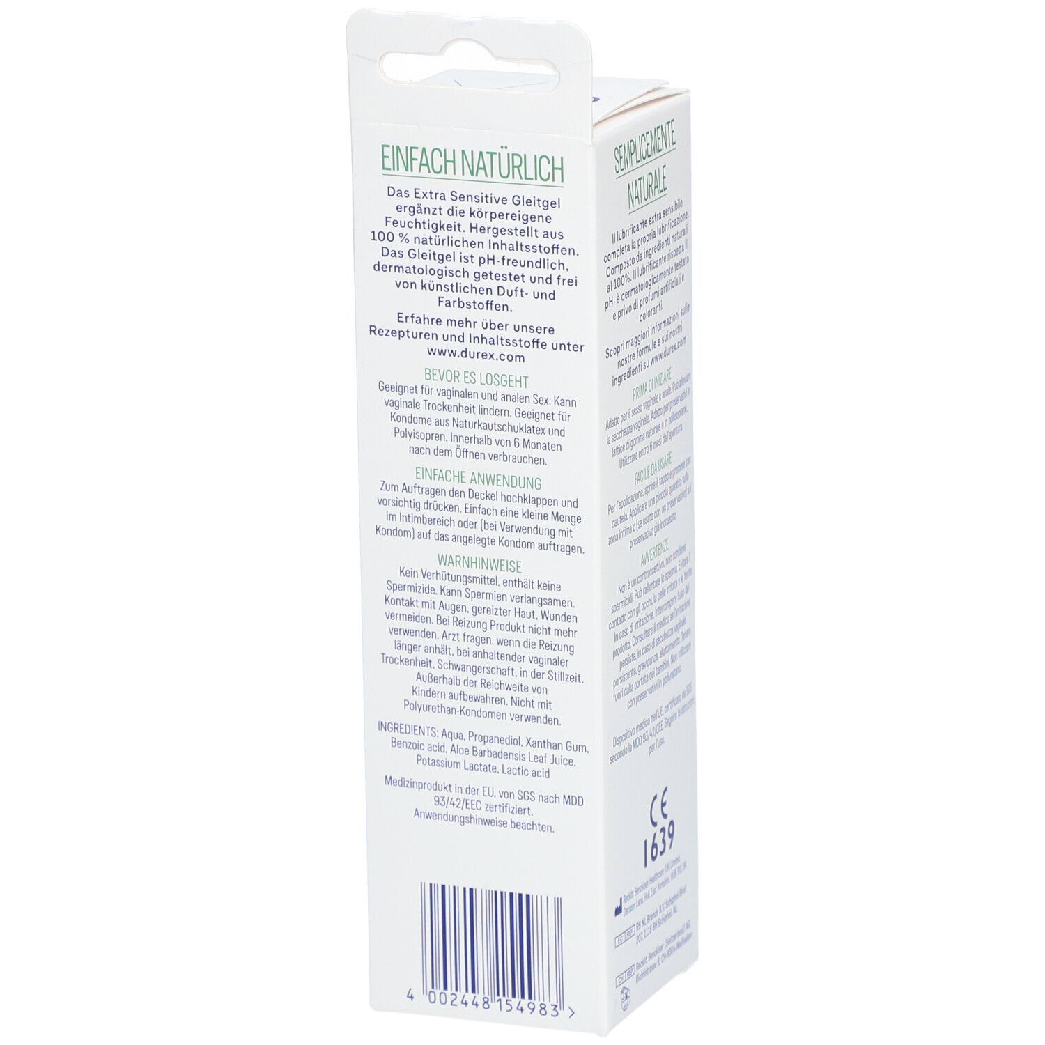 Côté de l'emballage Durex Naturals Extra Sensitiv. Texte en allemand. Marquage CE.