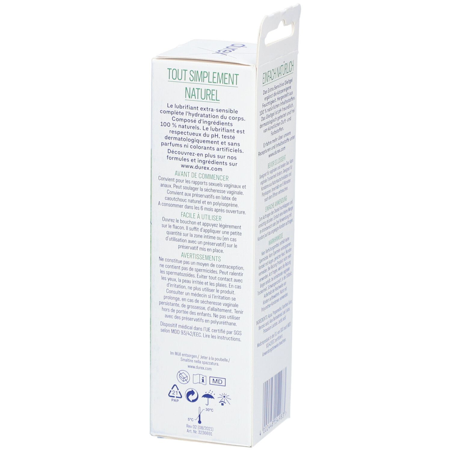 Côté de l'emballage Durex Naturals Extra Sensitiv. Texte en français. Éco-labels.