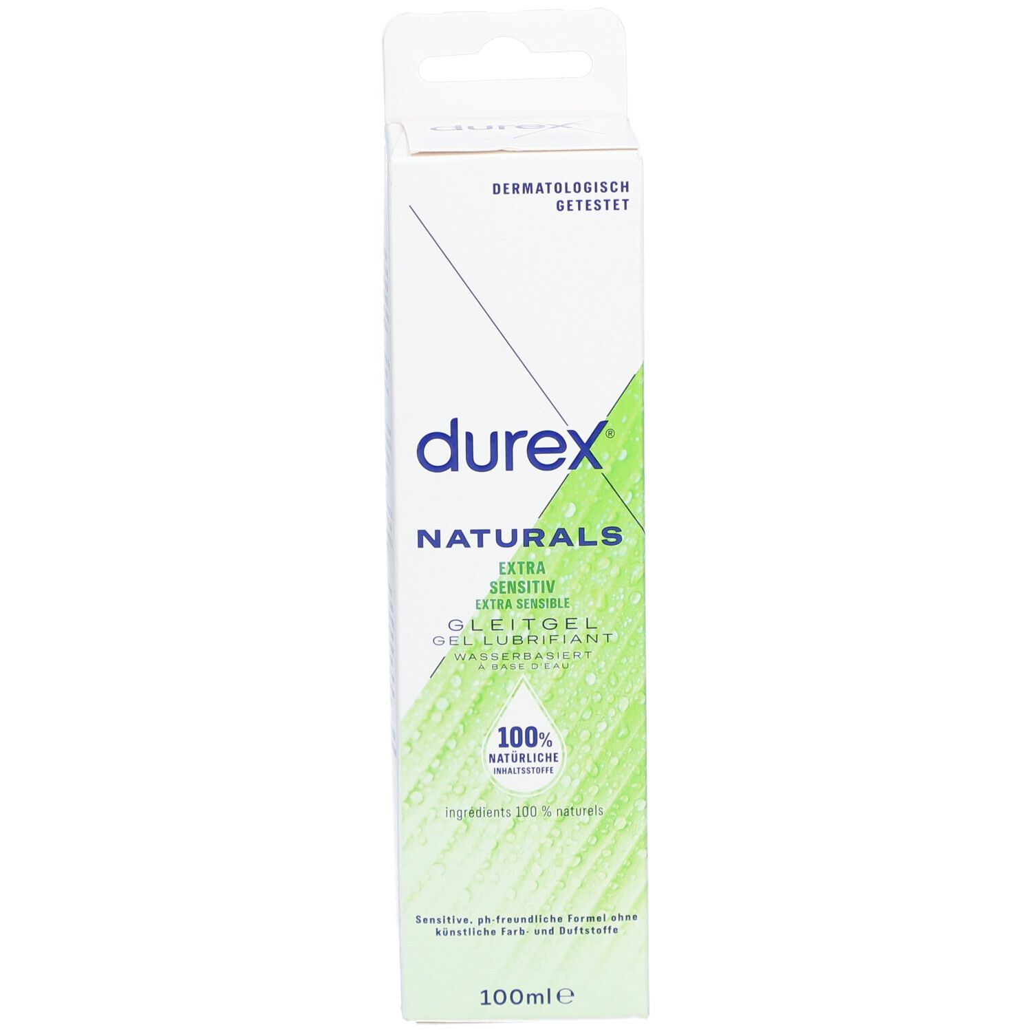 Emballage Durex Naturals Extra Sensitiv Gel lubrifiant. 100% naturel. Testé dermatologiquement. 100ml.