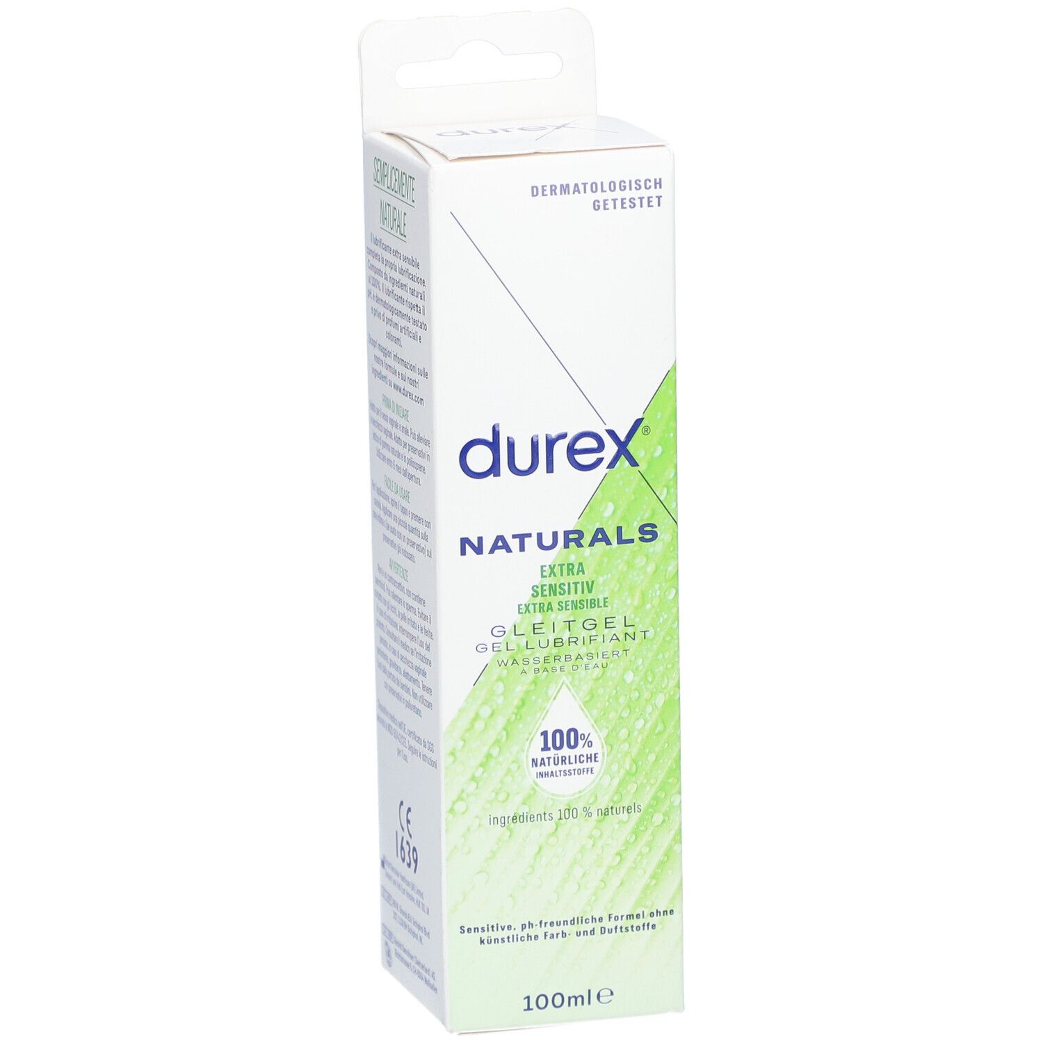Emballage Durex Naturals Extra Sensitiv Gel lubrifiant. 100% naturel. Testé dermatologiquement. 100ml.