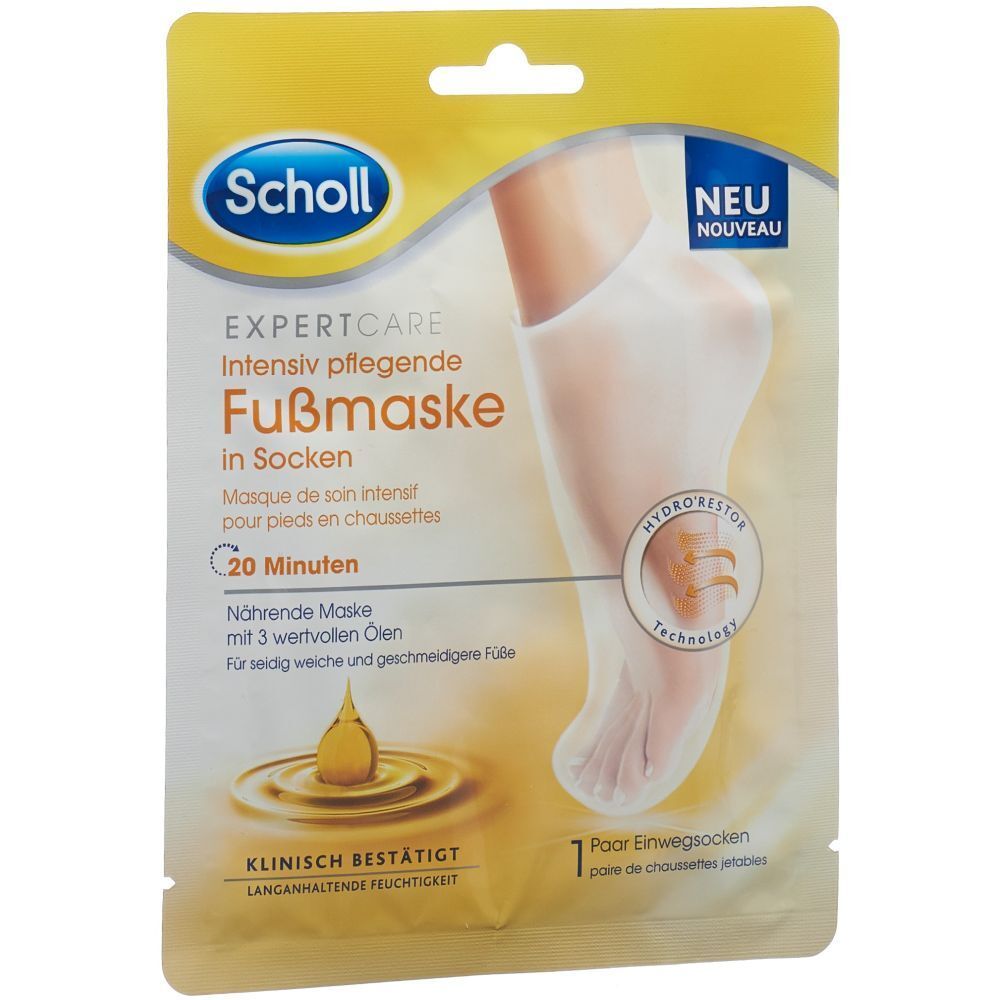 Emballage de masque pour les pieds en chaussettes. Nom du produit et illustration de pied. Texte : Masque intensif.