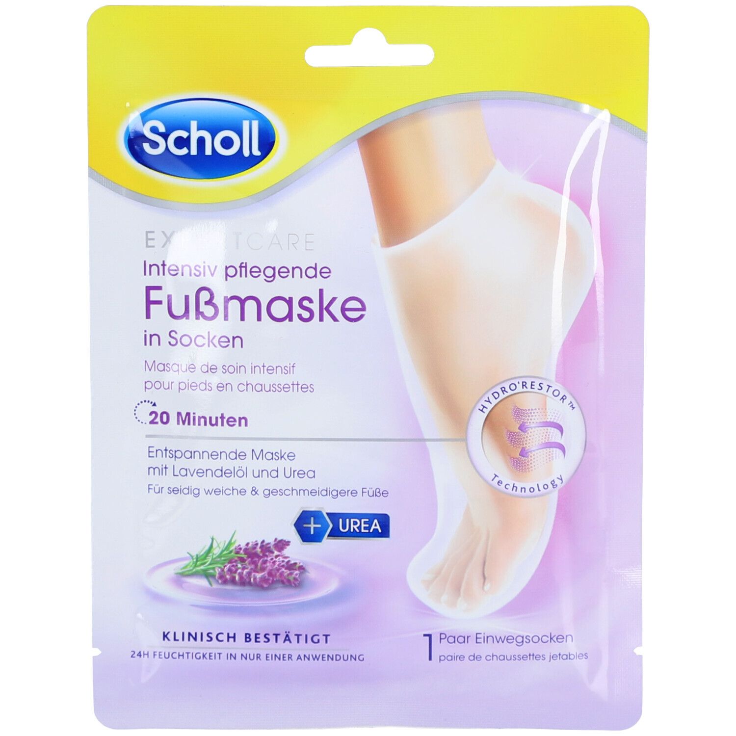 Fußmaske in Socken-Verpackung. Marke Scholl. Hauptmerkmale: Lavendelöl, Urea. Klinisch bestätigt. 20 Minuten Anwendung.