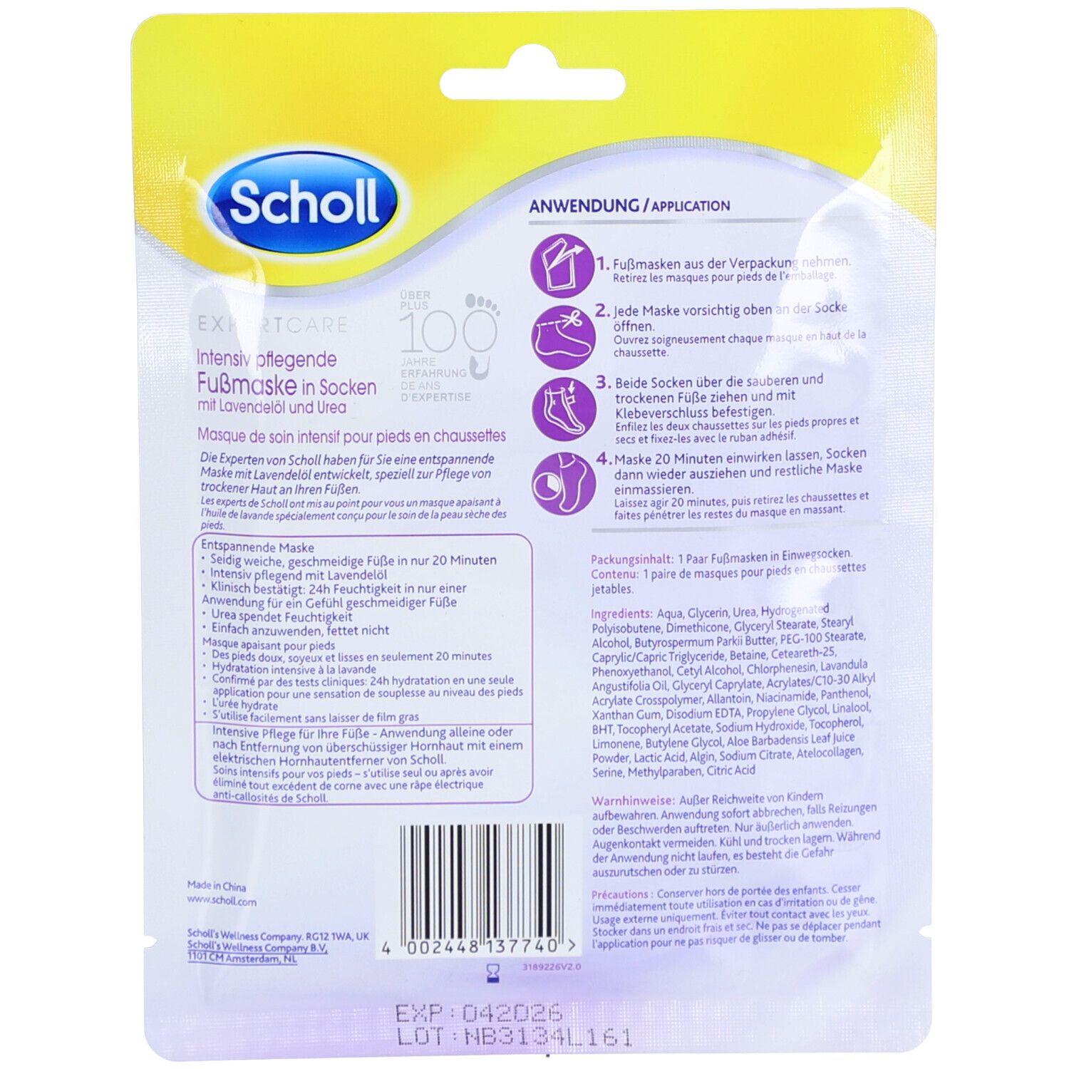 Rückseite der Fußmasken-Verpackung. Marke Scholl. Enthält Anwendungsanleitung und Inhaltsstoffe. Mit Lavendelöl und Urea.