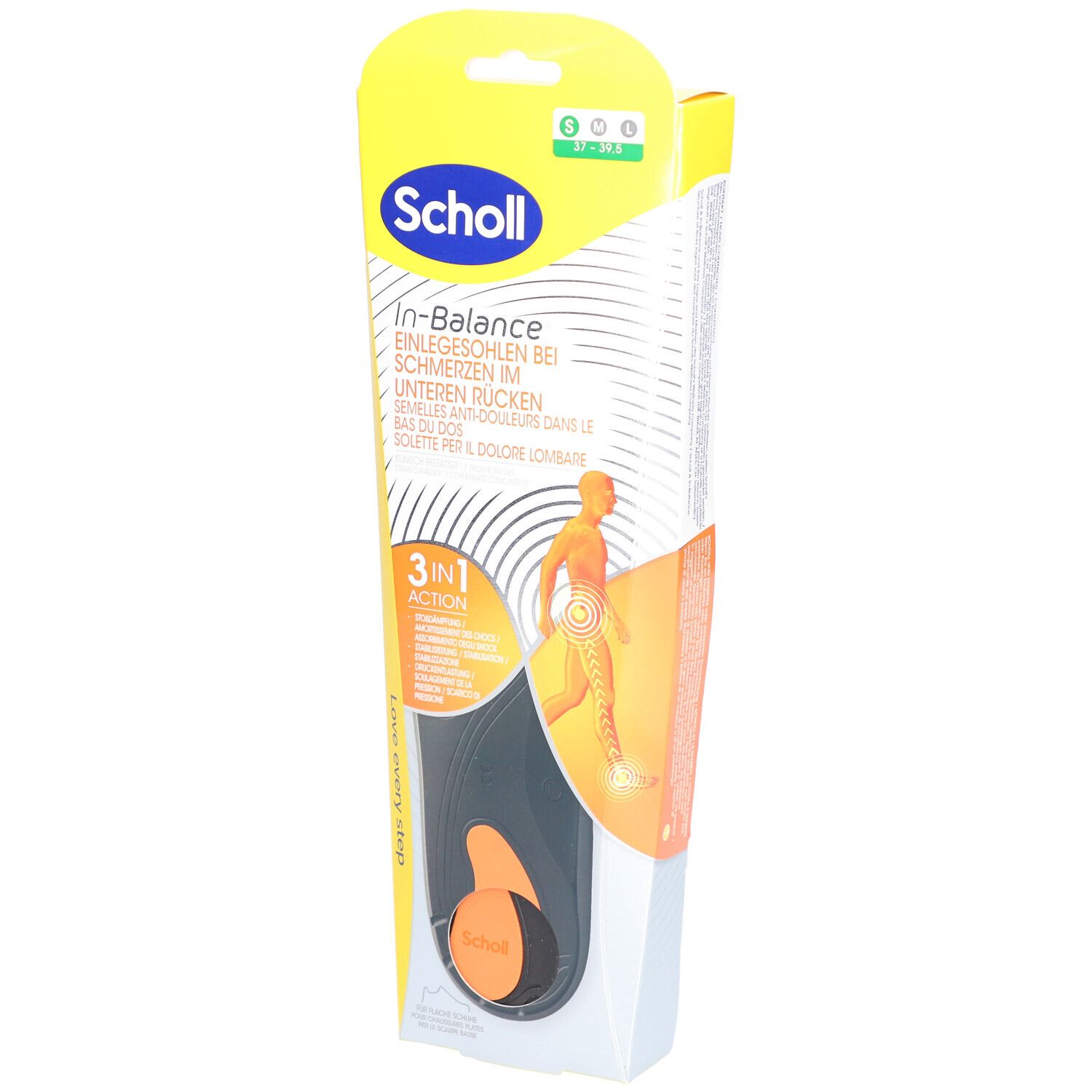 Scholl In-Balance Einlegesohlen in Verpackung. Größe 37-39,5. Sichtbar: Sohle, Verpackung mit Produktinformationen und Logo.
