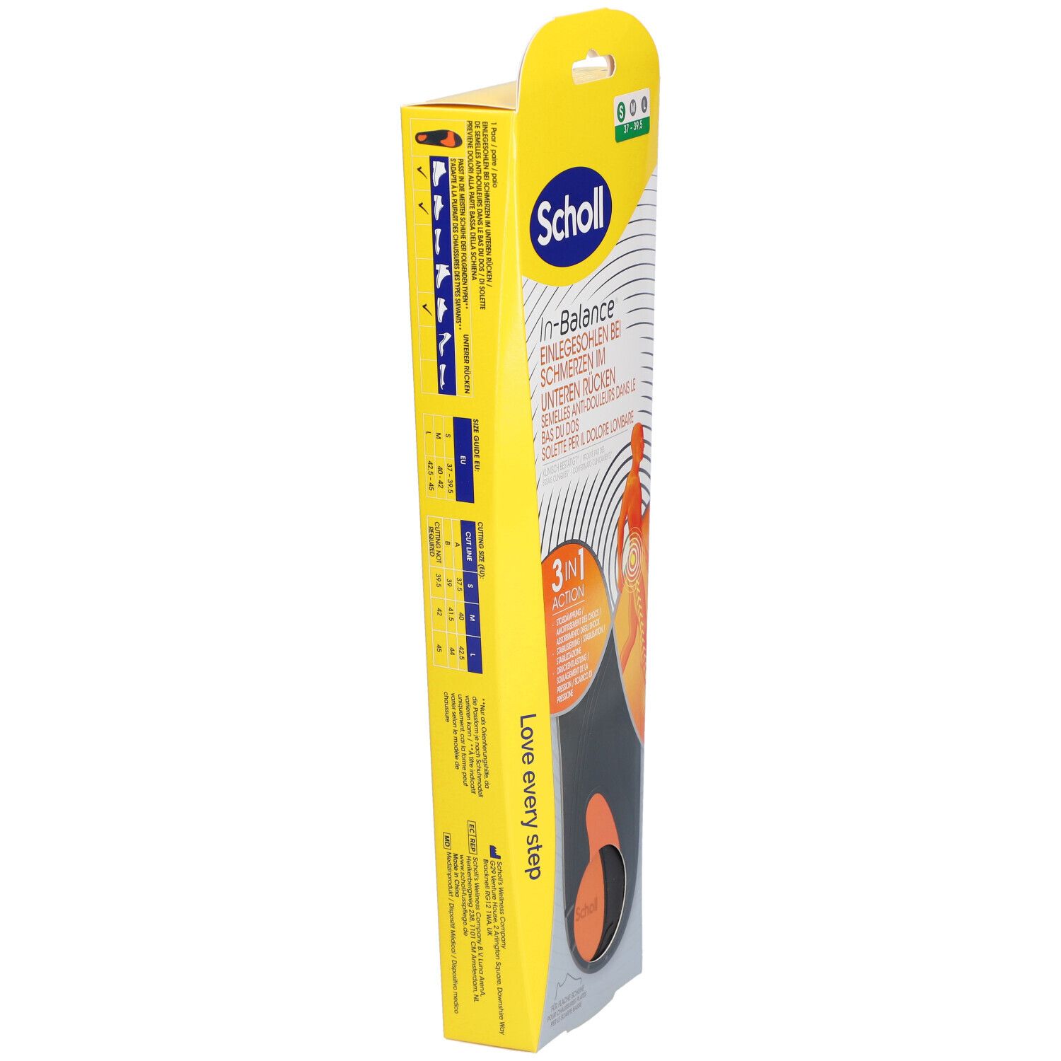 Verpackung der Scholl In-Balance Einlegesohlen. Gelb und weiß. Produktname, Größenangabe und Logo sichtbar. Seitenansicht.