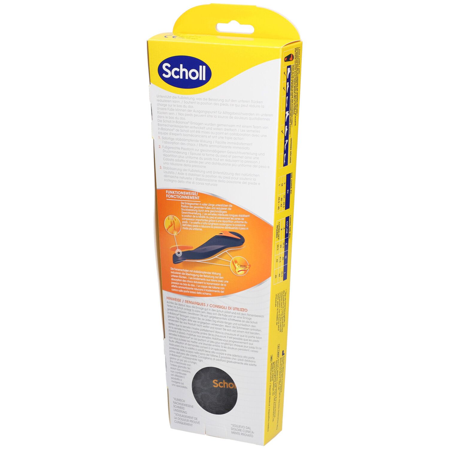 Rückseite der Scholl In-Balance Einlegesohlen Verpackung. Text und Illustrationen. Produktinformationen und Logo.