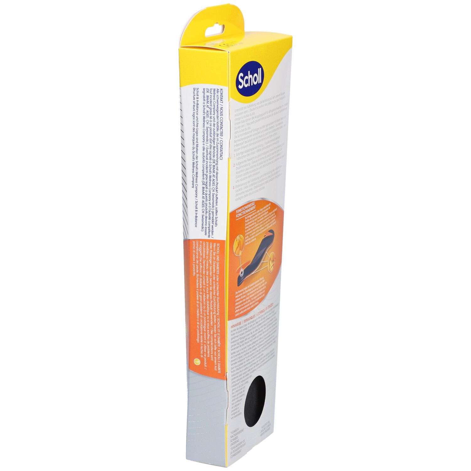 Seitenansicht der Scholl In-Balance Einlegesohlen Verpackung. Text und Illustrationen. Produktinformationen und Logo.