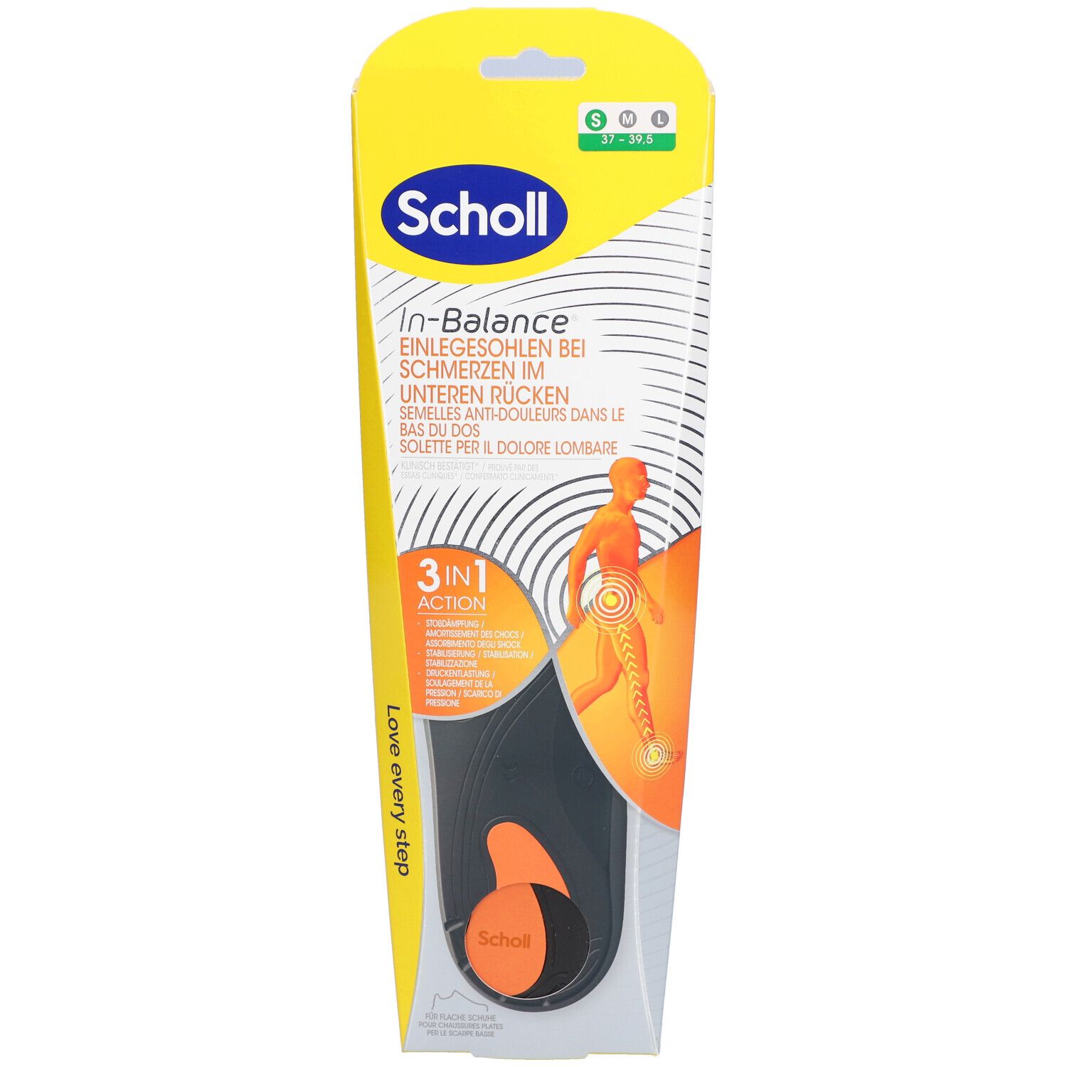 Scholl In-Balance Einlegesohlen in Verpackung. Größe 37-39,5. Sichtbar: Sohle, Verpackung mit Produktinformationen und Logo.