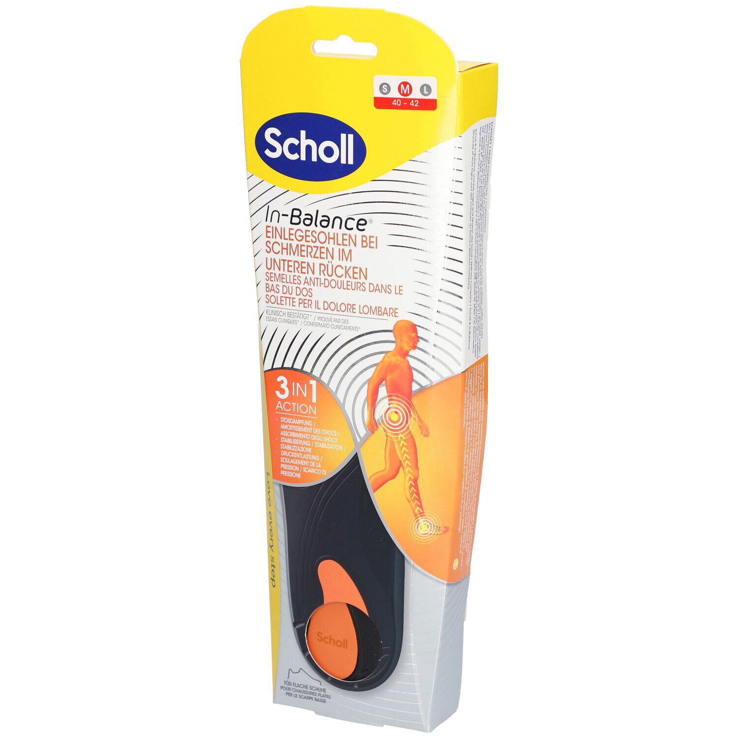Verpackung von Scholl In-Balance Einlegesohlen. Enthält eine schwarze und orangefarbene Einlegesohle. Aufdruck: In-Balance, 3-in-1-Action.