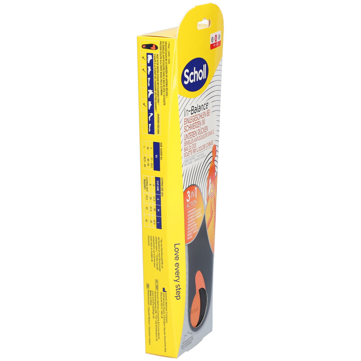 Gelbe Verpackung von Scholl In-Balance Einlegesohlen. Seitenansicht mit Produktinformationen und Größenangaben. Aufdruck: Love every step.