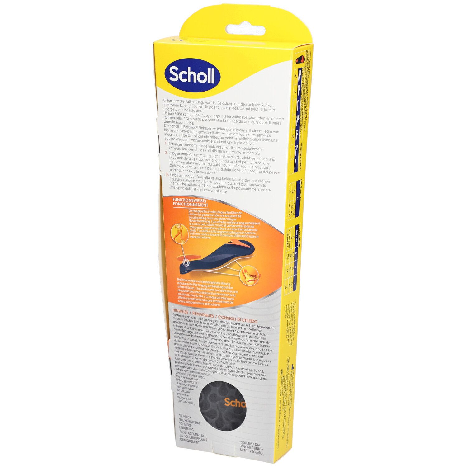 Rückseite der Verpackung von Scholl In-Balance Einlegesohlen. Text und Illustrationen zeigen Produktmerkmale und Anwendungshinweise.