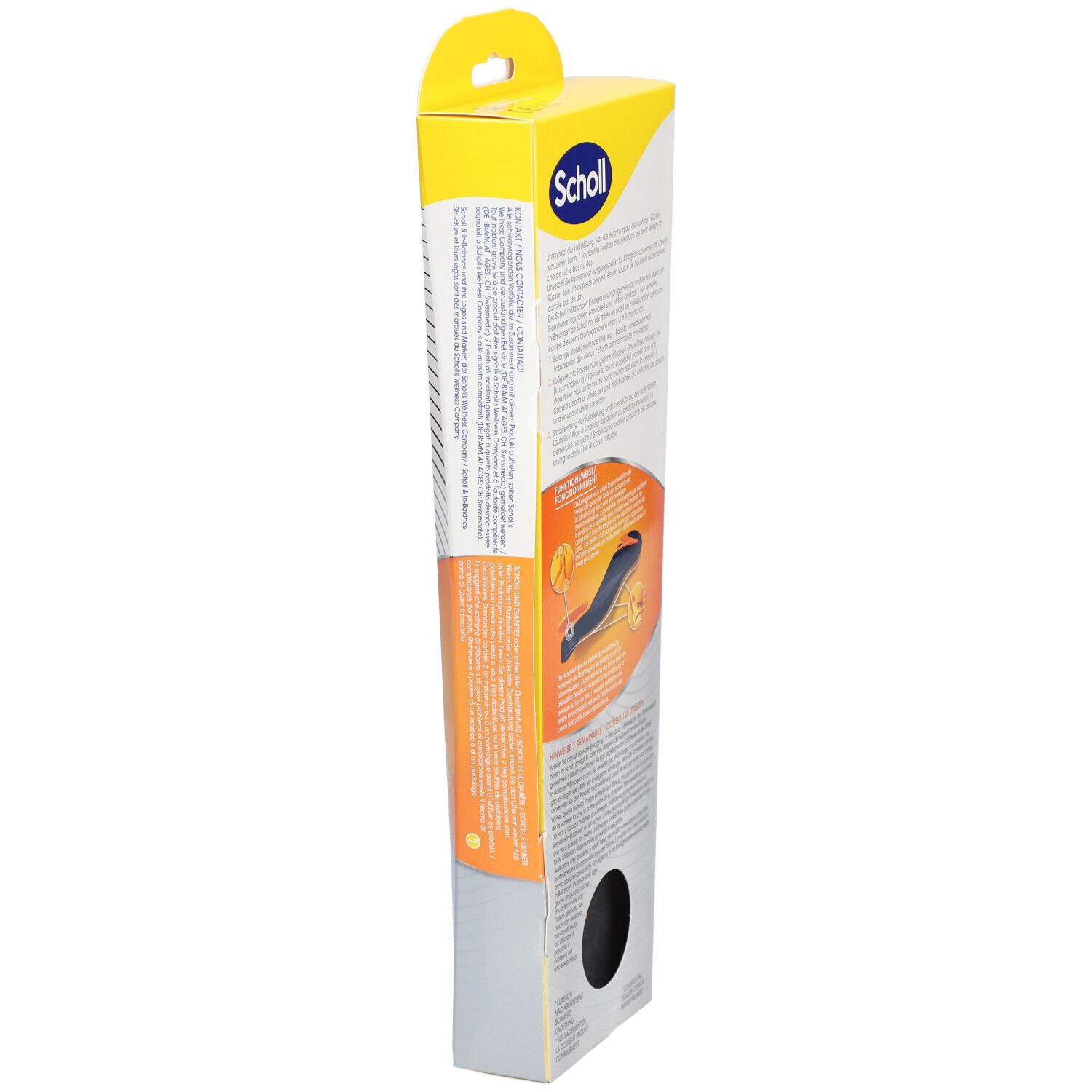 Seitenansicht der Verpackung von Scholl In-Balance Einlegesohlen. Text und Illustrationen zeigen Produktmerkmale und Anwendungshinweise.