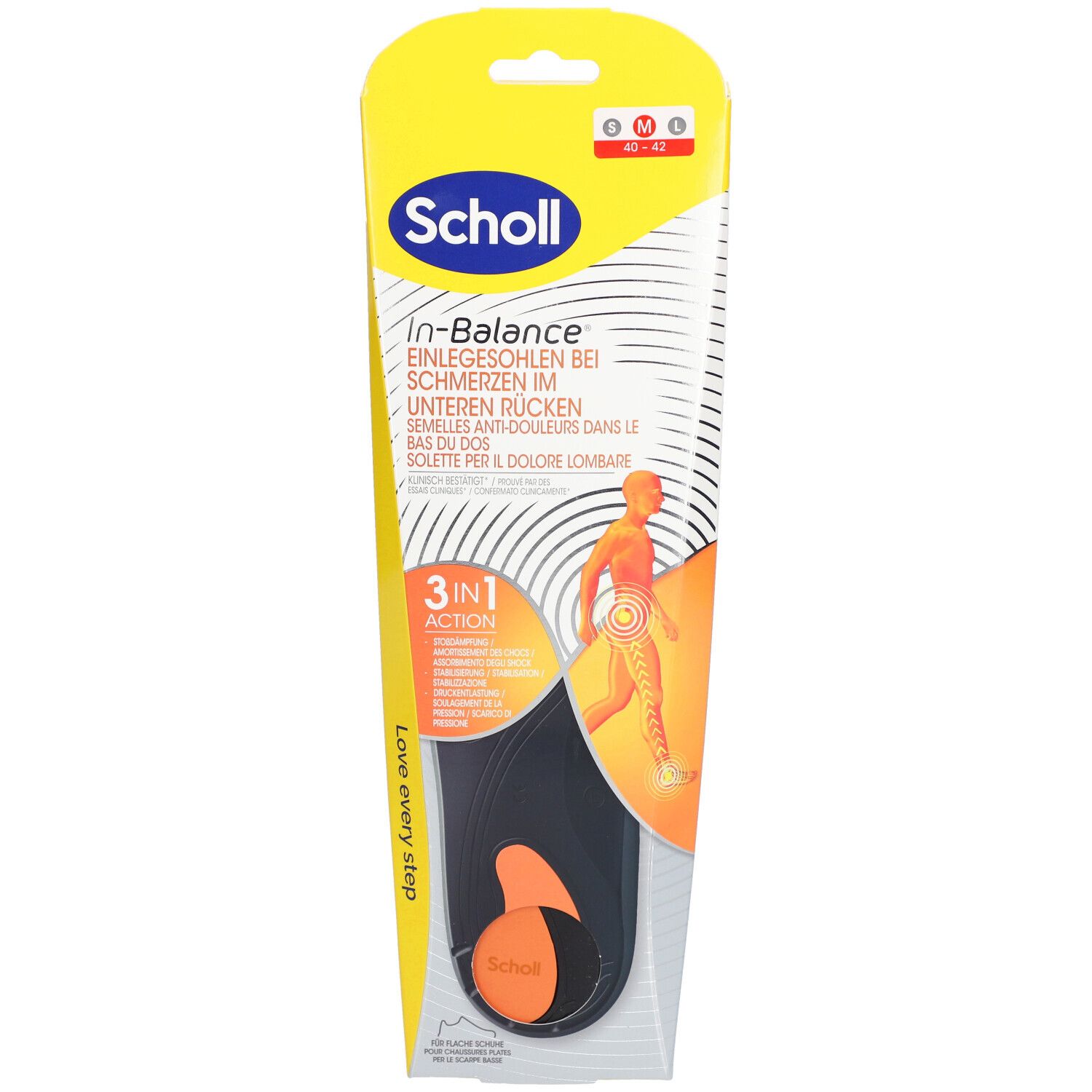 Verpackung von Scholl In-Balance Einlegesohlen. Enthält eine schwarze und orangefarbene Einlegesohle. Aufdruck: In-Balance, 3-in-1-Action.