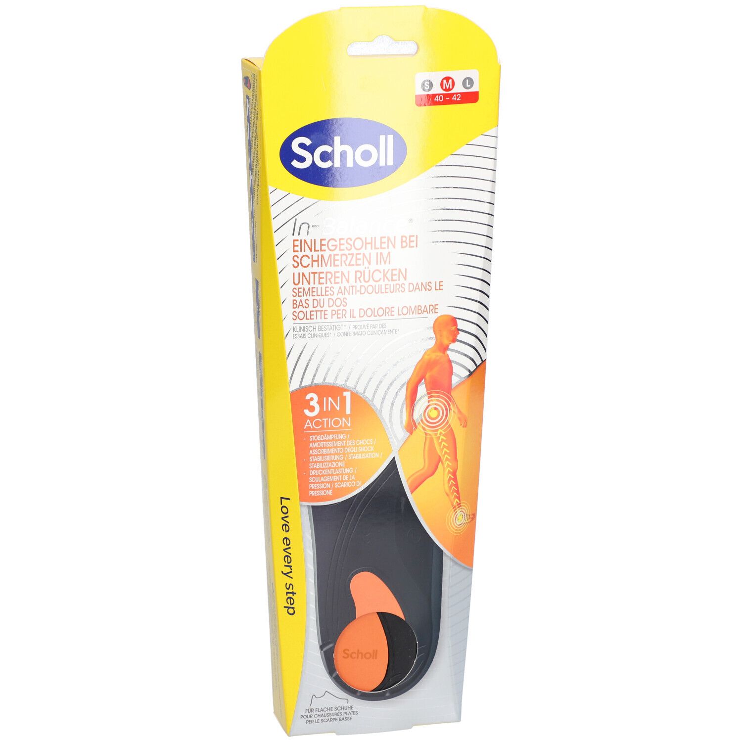 Verpackung von Scholl In-Balance Einlegesohlen. Enthält eine schwarze und orangefarbene Einlegesohle. Aufdruck: In-Balance, 3-in-1-Action.
