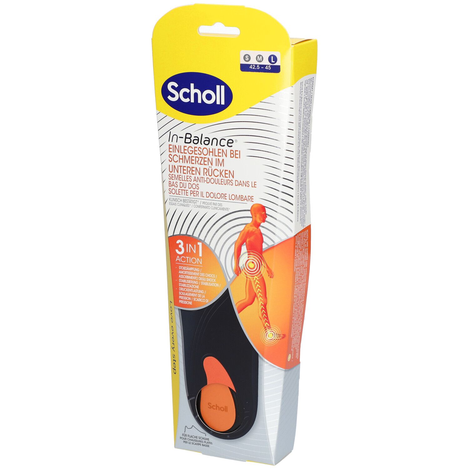 Scholl In-Balance Einlegesohlen in Verpackung. Schwarz-orange Sohle, gelbe Verpackung mit Produktinformationen und Logo.
