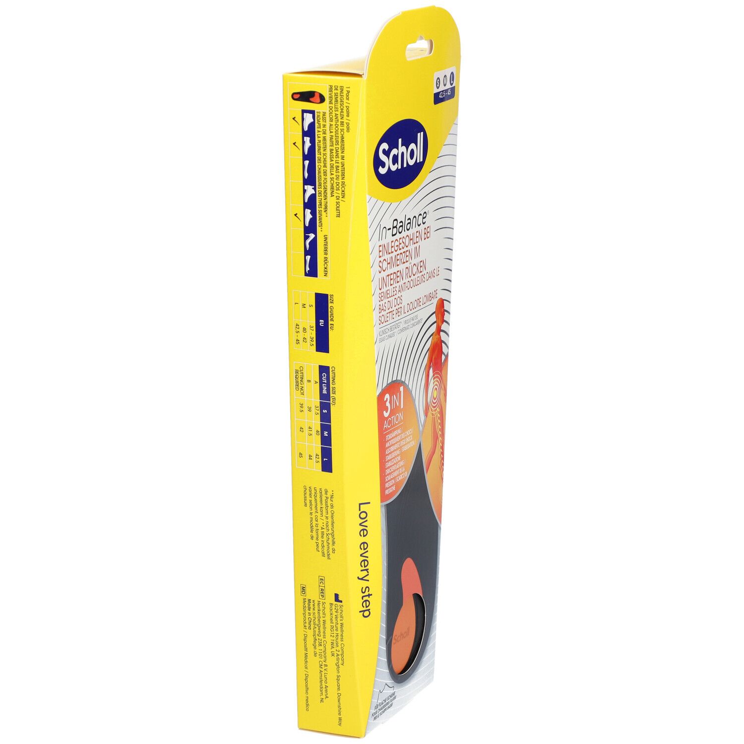 Gelbe Verpackung von Scholl In-Balance Einlegesohlen. Seitenansicht mit Produktinformationen, Größenangaben und Logo.