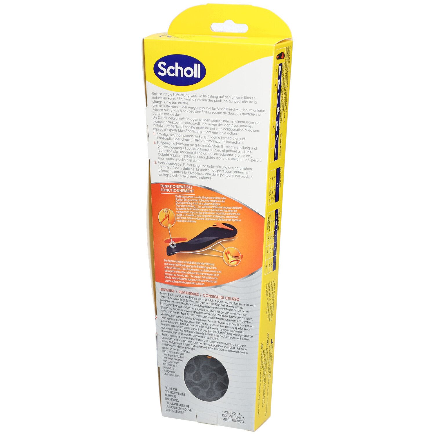 Rückseite der Scholl In-Balance Einlegesohlen Verpackung. Produktinformationen, Illustrationen und Logo auf gelbem Hintergrund.