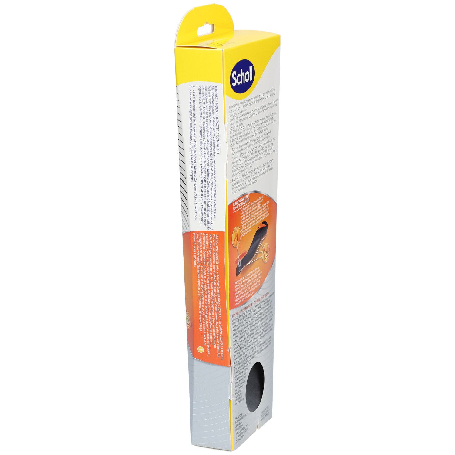Seitenansicht der Scholl In-Balance Einlegesohlen Verpackung. Gelb mit Produktinformationen und Logo.