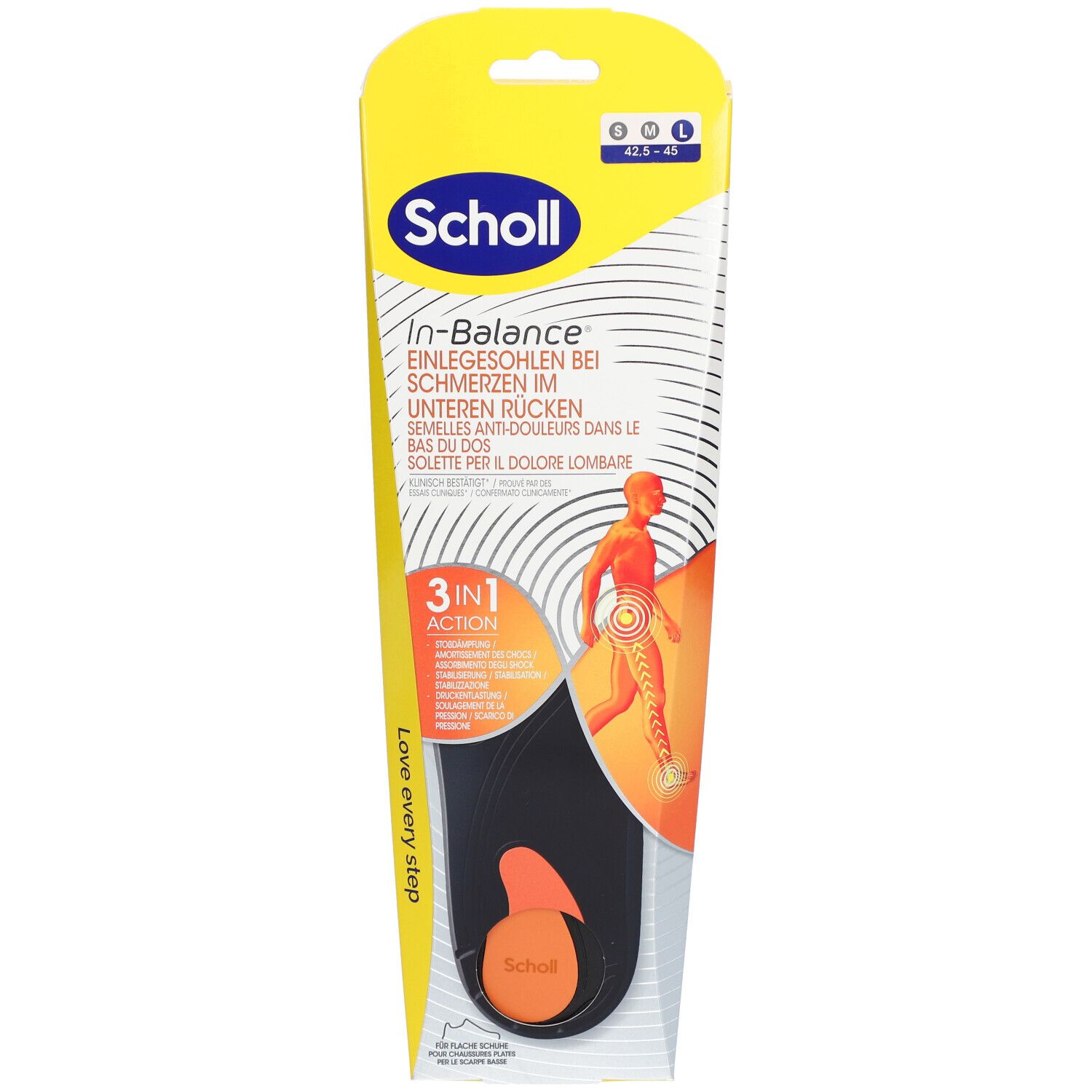 Scholl In-Balance Einlegesohlen in Verpackung. Schwarz-orange Sohle, gelbe Verpackung mit Produktinformationen und Logo.